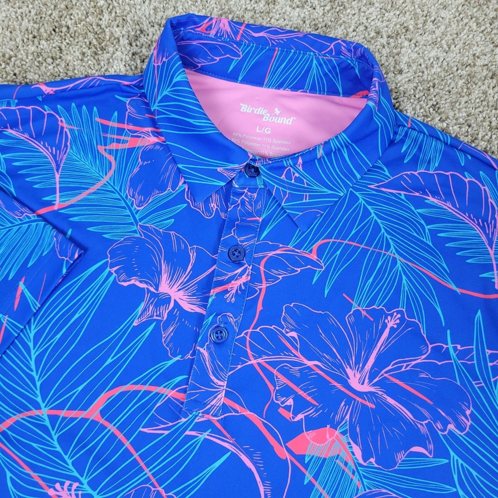 NWT Birdie Bound Mens Large Blue AOP Floral Performance Stretch Golf Polo SS